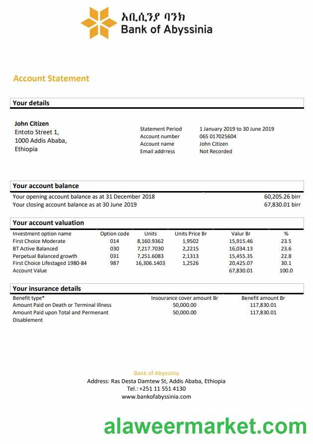 Ethiopia Bank of Abyssinia bank statement